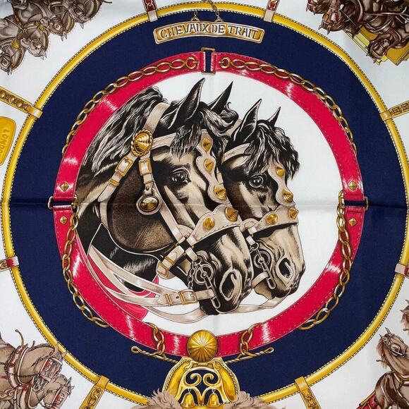 Hermes Carré 90 CHEVAUX DE TRAIT Navy x Multicolor Silk Scarf New W/Box - Picture 4 of 16